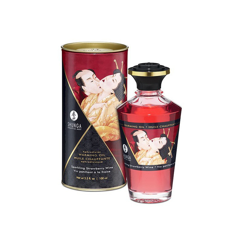 Shunga Huile de massage Chauffante Aphrodisiaque – Vin Pétillant à la FRAISE 100 mL